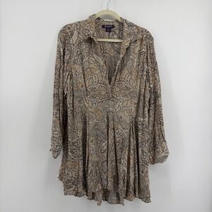 Roaman's Tunic Top Tan Brown Paisley Women 22W Plus Size Long Sleeve Boho V-Neck